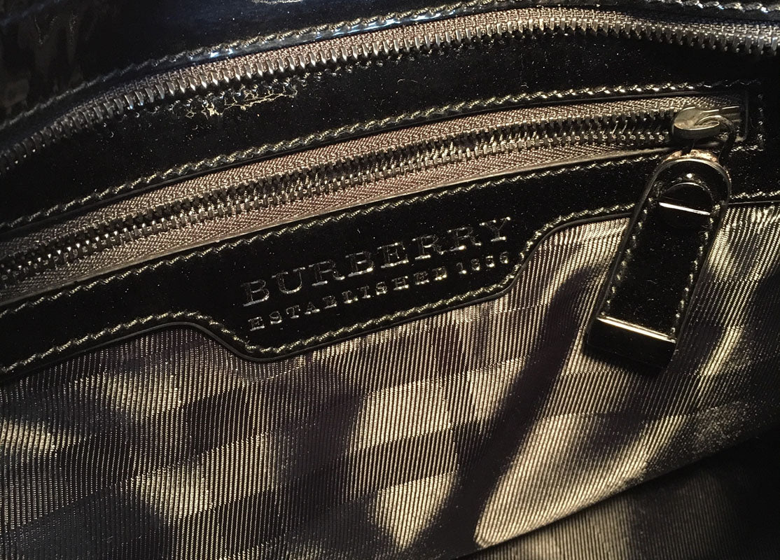 Burberry Logo Quilted Patent Leather Top Handle Bag Black