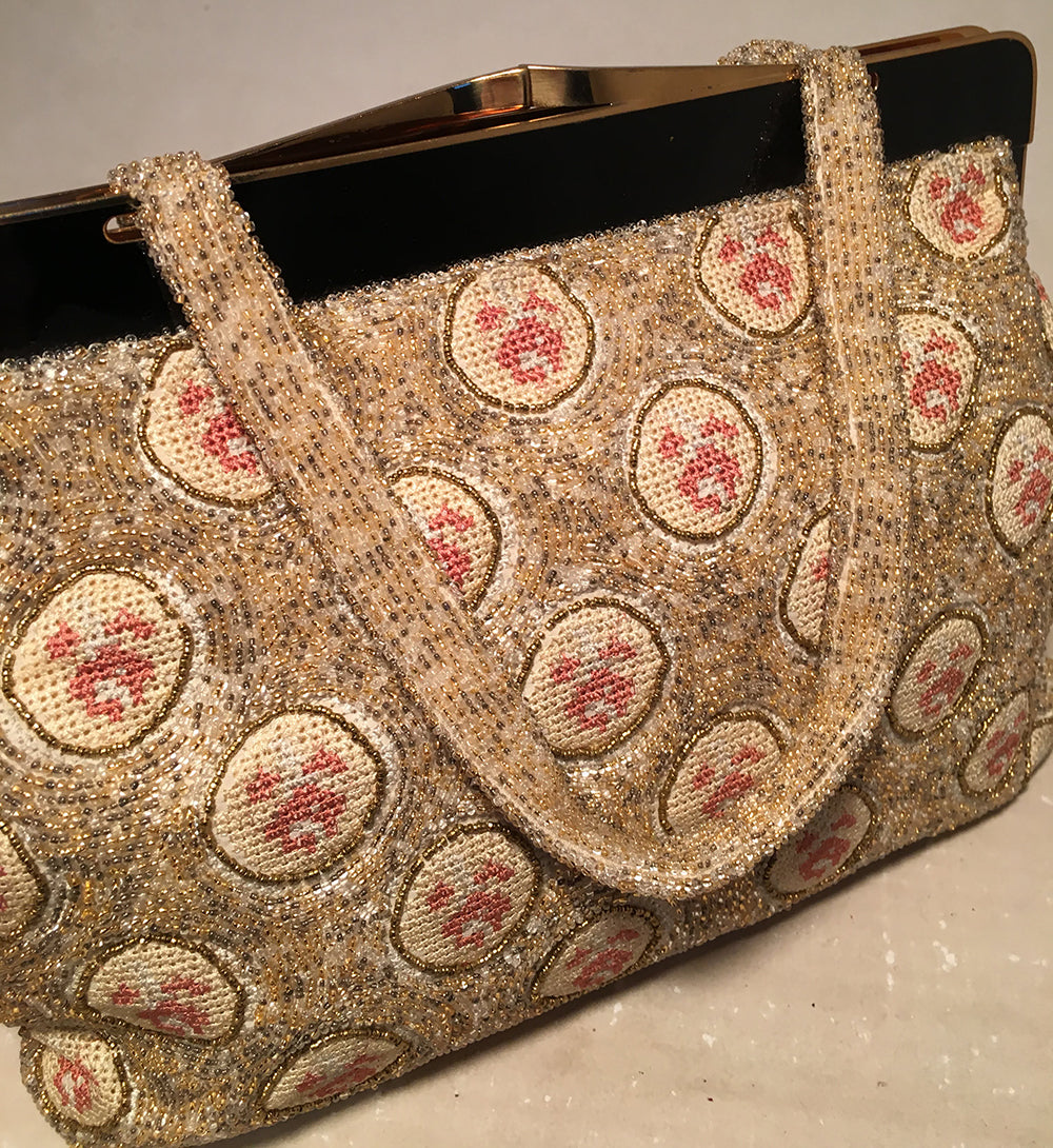 Saks Fifth Avenue Vintage Beaded Evening Hand Bag Enamel Flowers Black |  eBay